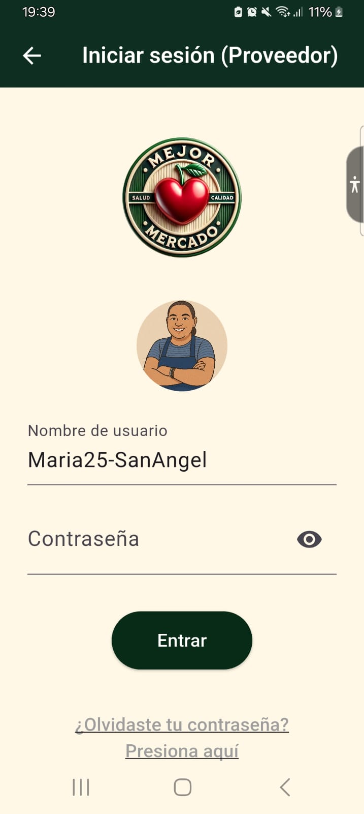 Pantalla de login de proveedor